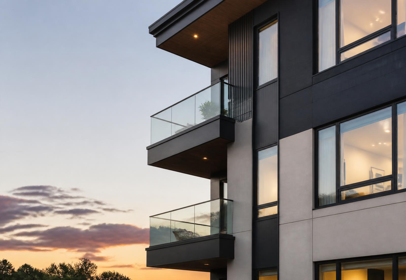 Fachada de edifício residencial moderno no fim da tarde