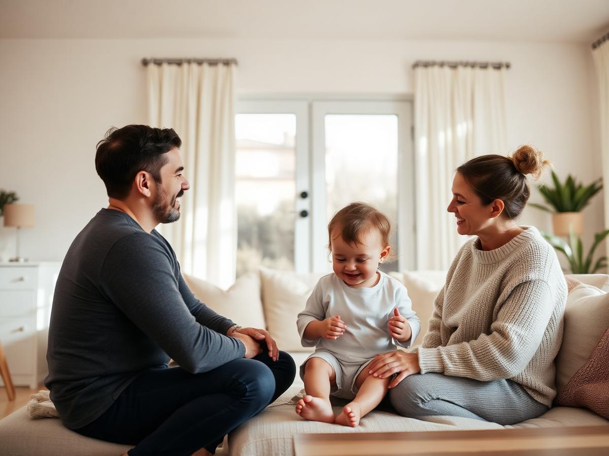 Família em momento cotidiano na sala de casa